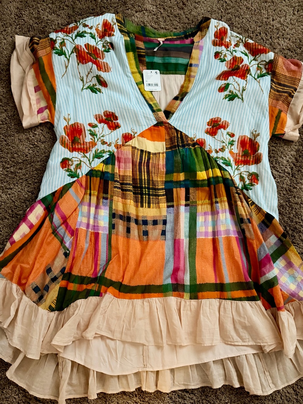Free People Patchwork Floral High-Low Dress in Orange, Green, White, Pink, Cream